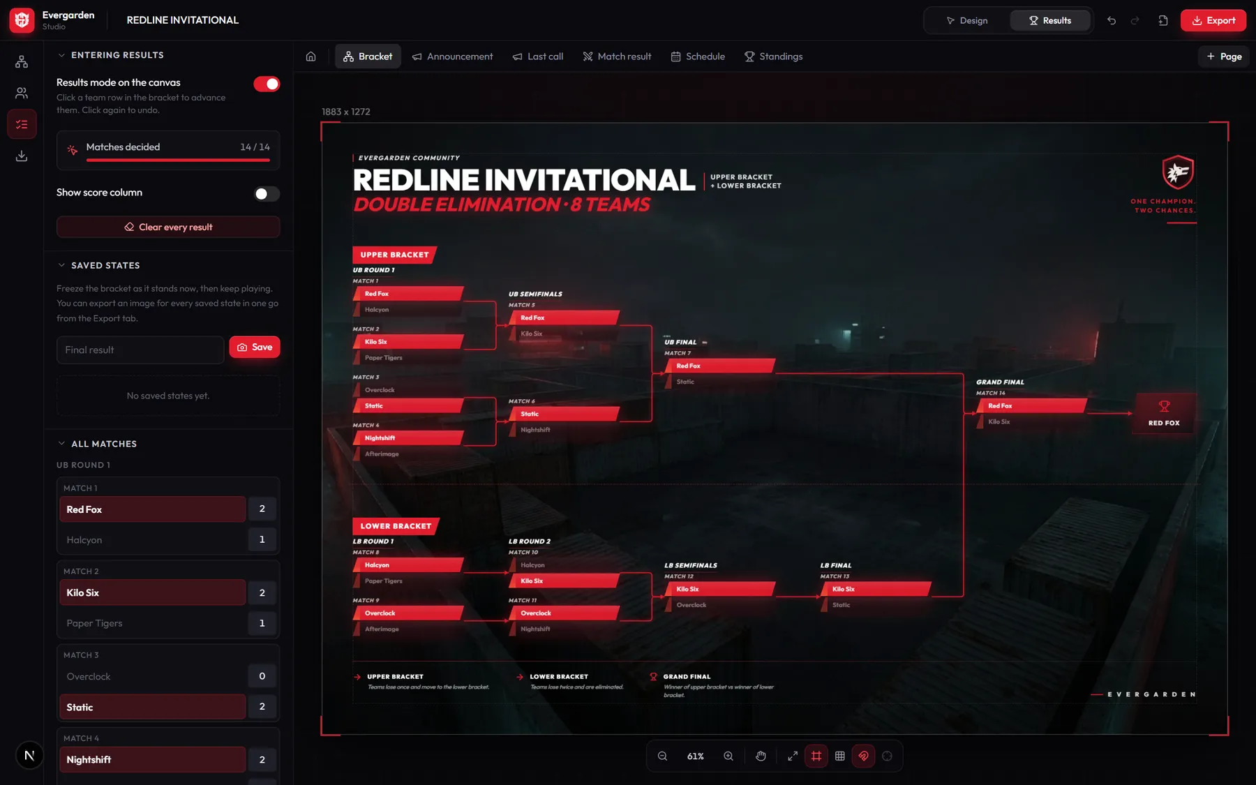 Results mode: click a team to advance it