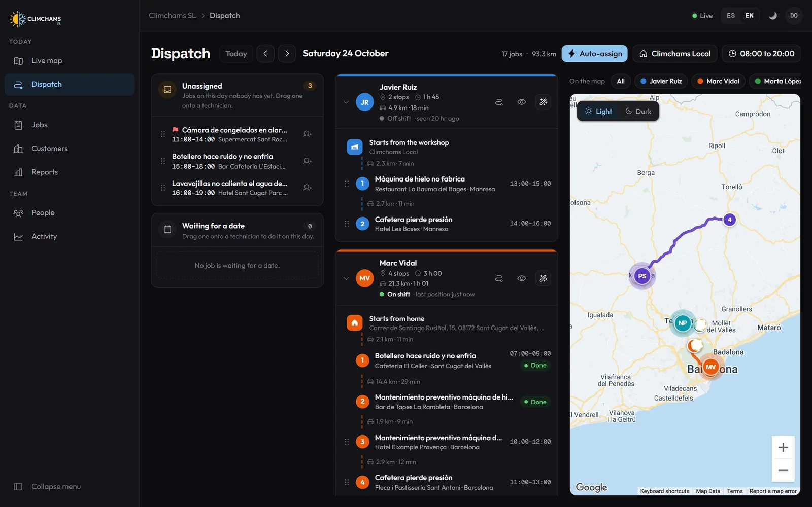 Dispatch: technician lanes and routes on the map