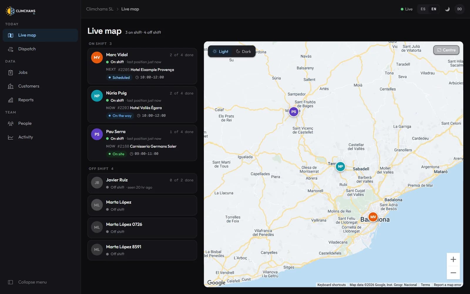 Live map with technicians on shift around Barcelona